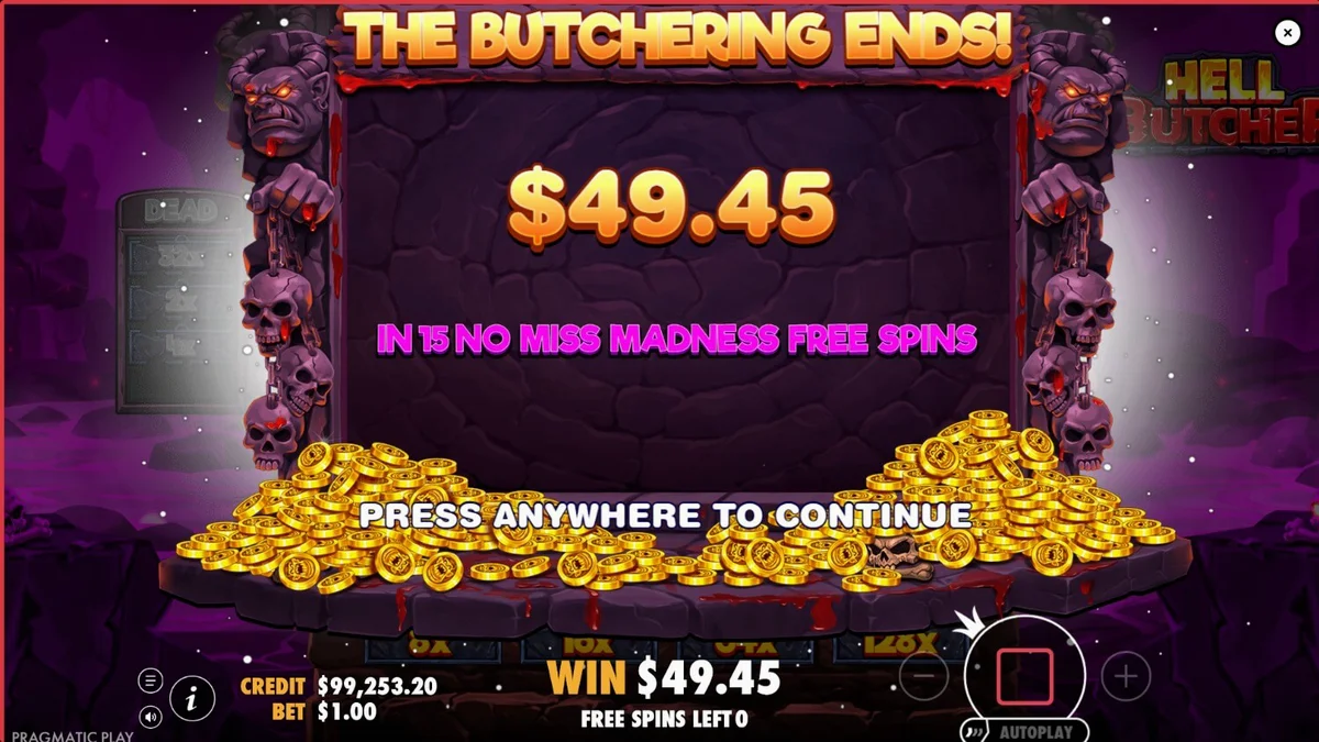 Tampilan visual slot Hell Butcher dengan tema horor dan simbol-simbol mengerikan.